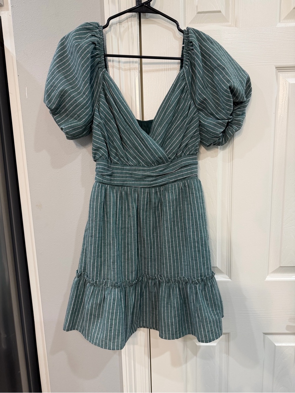 Lumiere Puff Sleeve Stripe V-Neck Mini Dress in Teal Sz Sm